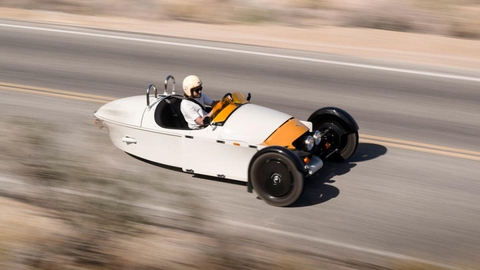 Driving the Morgan Super 3 three-wheeler.