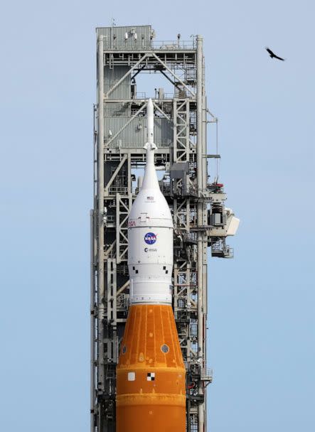 PHOTO: NASA's Space Launch System (SLS) rocket with the Orion spacecraft attached rests on launch pad 39B as final preparations are made for the Artemis I mission at NASA's Kennedy Space Center on Nov. 15, 2022, in Cape Canaveral, Fla. (Kevin Dietsch/Getty Images)