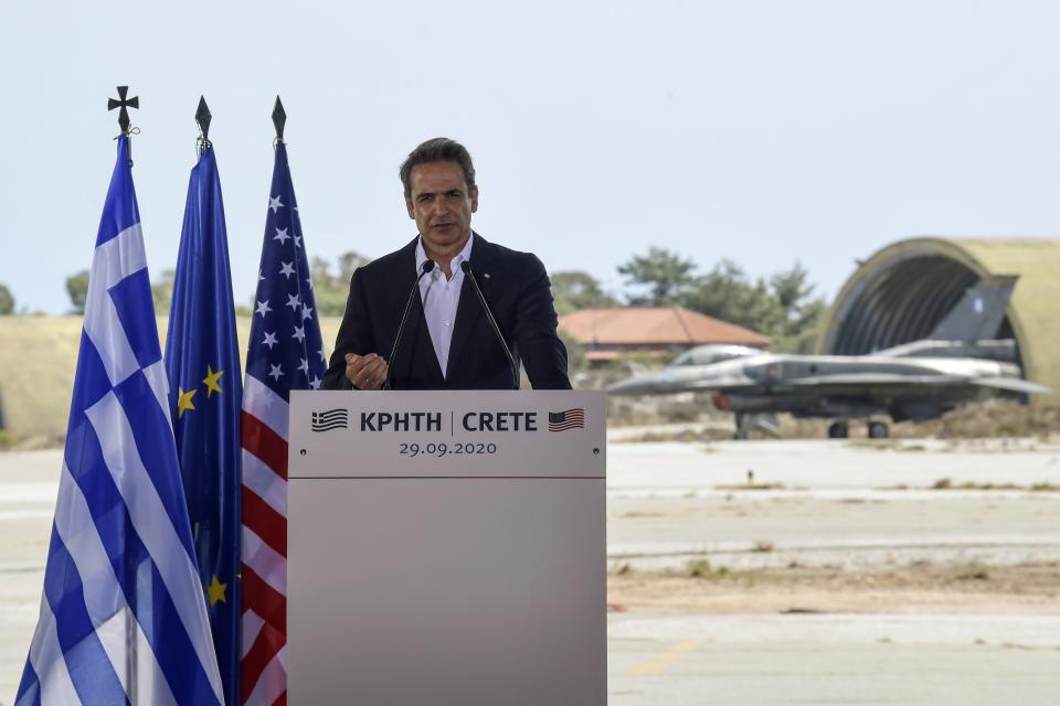 Greek Prime Minister Kyriakos Mitsotakis delivers a speech during his visit at the Naval Support Activity base at Souda, on the Greek island of Crete, Tuesday, Sept. 29, 2020. Pompeo visited a U.S. naval base at Souda Bay on the southern Greek island of Crete Tuesday, ahead of a meeting with Greece's prime minister on the second day of his trip to the country. (Aris Messinis/Pool viaAP)