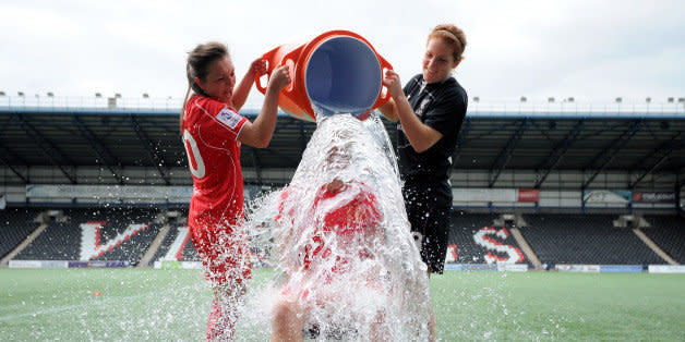 WIDNES, ENGLAND - AUGUST 24: Gemma Davison of Liverpool Ladies takes part in the 'Ice Bucket Challenge' after the FAWSL match between Liverpool Ladies and Notts County Ladies at Select Security Stadium on August 24, 2014 in Widnes, England.  (Photo by Anna Gowthorpe/The FA via Getty Images) (Photo: )