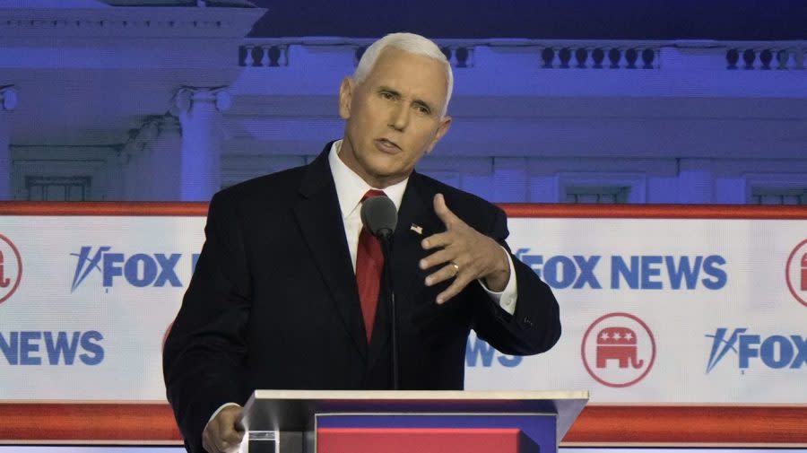 <em>Republican presidential candidate former Vice President Mike Pence speaks during a Republican presidential primary debate hosted by FOX News Channel on Wednesday, Aug. 23, 2023, in Milwaukee. </em>(AP Photo/Morry Gash)