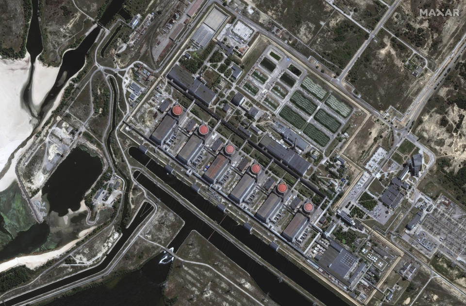 This image provided by Maxar Technologies, shows the Zaporizhzhia Nuclear Power Plant in Southern Ukraine on Friday June 30, 2023. Ukraine and Russia are accusing each other of planning to attack one of the world’s largest nuclear power plants. But neither side provided evidence to support their claims of an imminent threat to the facility in southeastern Ukraine that is occupied by Russian troops. (Satellite image ©2023 Maxar Technologies via AP)