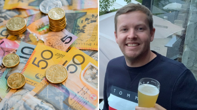 Composite image of Australian money and Marc Boswell holding a beer. Flybuys hack concept.