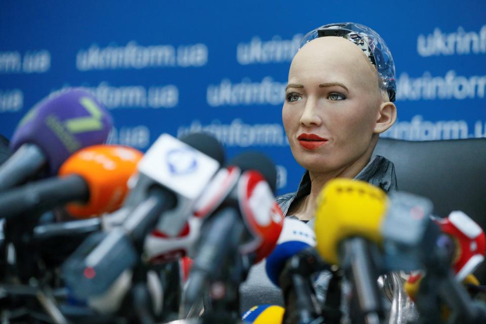 Sophia Robot Kiev Ukraine October 2018 Microphones.JPG