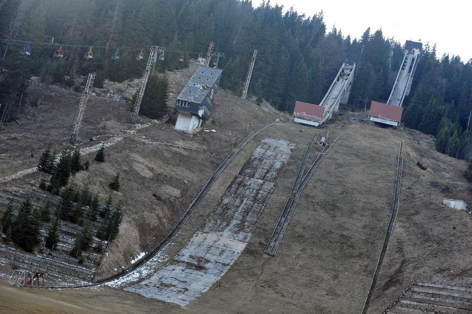 A picture taken on Feb. 5, 2014, shows Sarajevo's abandoned ski jumping venue at Mt. Igman.