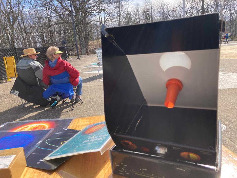 A Solarscope, an instrument that reflected the eclipse through a mirror and into the interior wall of a small box, was available for use at the Worcester EcoTarium.