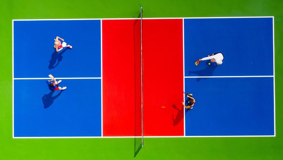 A pickleball court is divided into two sides with a net. Each team has two boxes and the non-volley zone, or kitchen, surrounds the net.