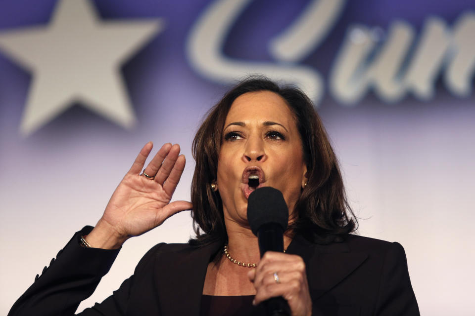 FILE - In this Oct. 4, 2019, file photo, Democratic presidential candidate Sen. Kamala Harris, D-Calif., speaks at the SEIU Unions For All Summit in Los Angeles. A battle is emerging between presidential candidates Elizabeth Warren and Harris for the support of black women, the Democratic Party’s most loyal and consistent voters. (AP Photo/Ringo H.W. Chiu, File)