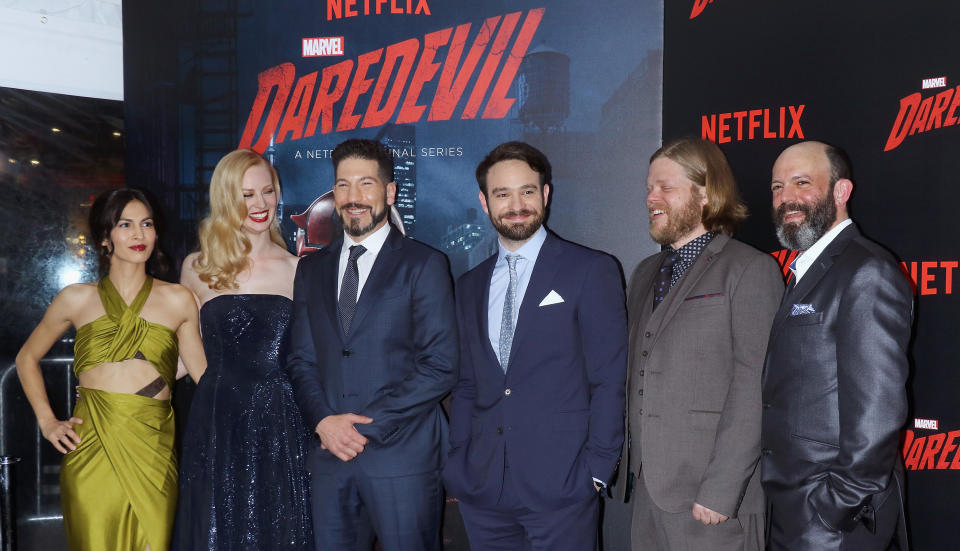 NEW YORK, NY - MARCH 10: (L-R) Actors Elodie Yung, Deborah Ann Woll, Jon Bernthal, Charlie Cox, Elden Henson and Geoffrey Cantor attend the 