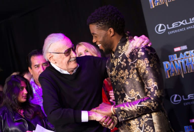 "Black Panther," released earlier this year, looked at issues of heritage and nationality -- here, Marvel legend Stan Lee (L) is seen with actor Chadwick Boseman, the on-screen Black Panther, at the film's world premiere in Hollywood in January 2018