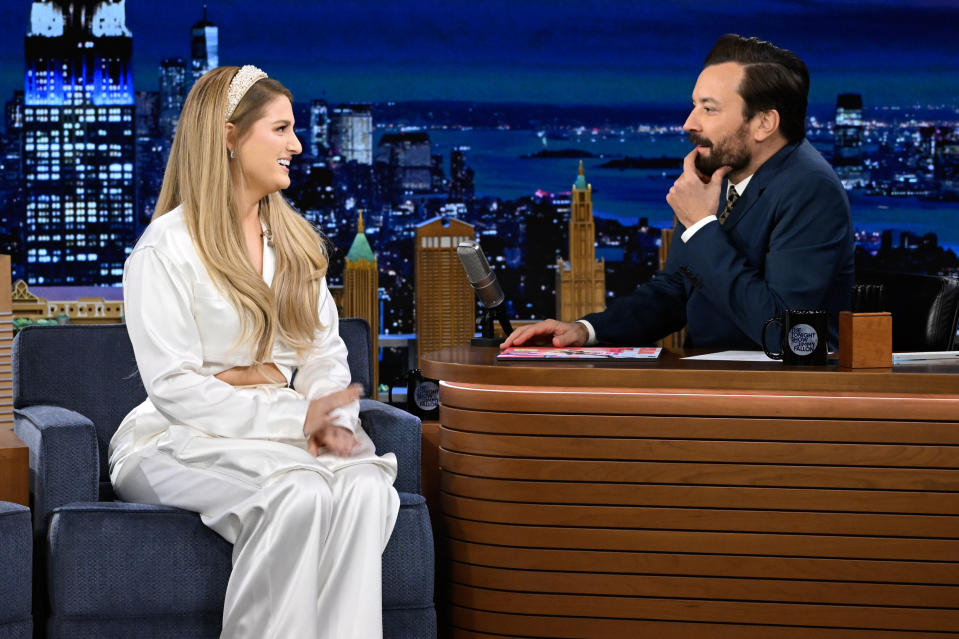 THE TONIGHT SHOW STARRING JIMMY FALLON -- Episode 1731 -- Pictured: (l-r) Singer-songwriter Meghan Trainor during an interview with host Jimmy Fallon on Monday, October 24, 2022 -- (Photo by: Todd Owyoung/NBC via Getty Images)