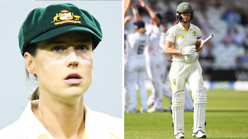 Ellyse Perry watches on and Perry walks off after being dismissed in the Ashes.