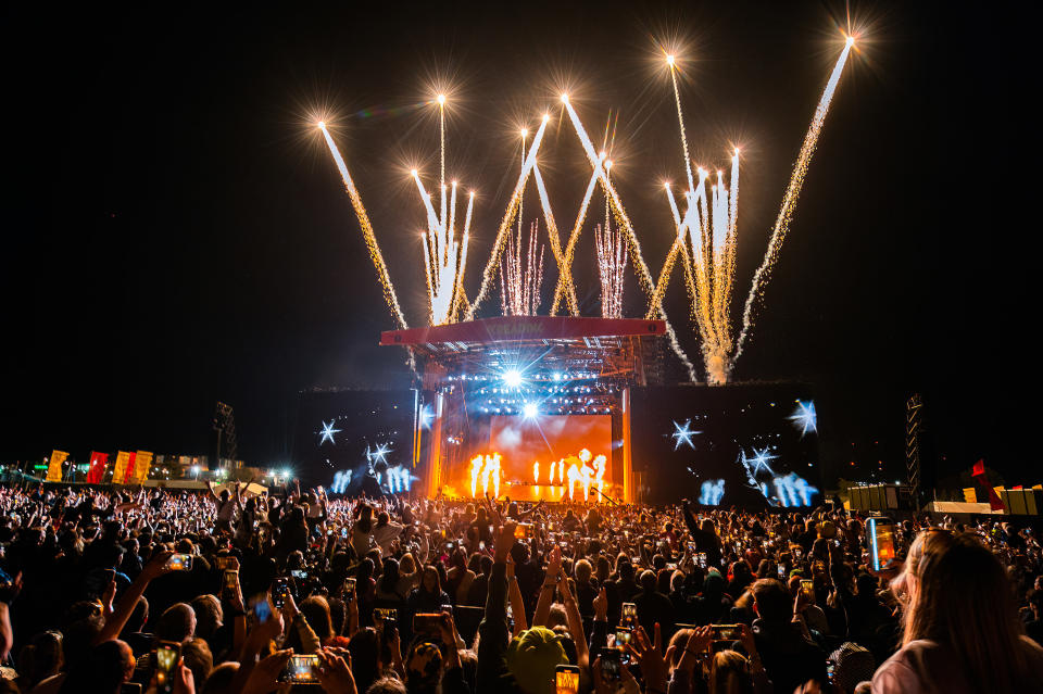 General view of the fireworks on day 3 of Reading Festival 2023 at Richfield Avenue. (Getty)