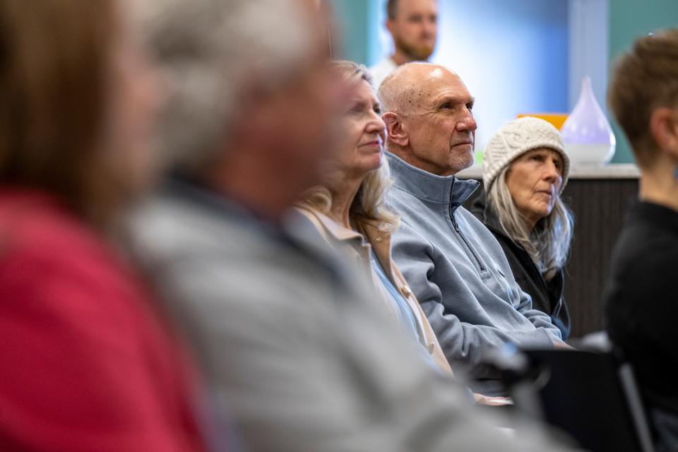 Constituents listen as Former Indiana Attorney General Curtis Hill, Republican candidate for Indiana Governor, speaks, Tuesday, March 19, 2024, at MaxLiving Indy, a chiropractic facility on the Northside of Indianapolis.