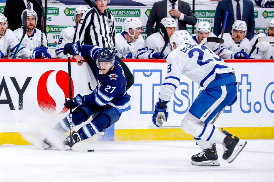 Nikolaj Ehlers was injured in a collission with Maple Leafs defenceman Jake Muzzin on Saturday.  (Photo by Darcy Finley/NHLI via Getty Images)