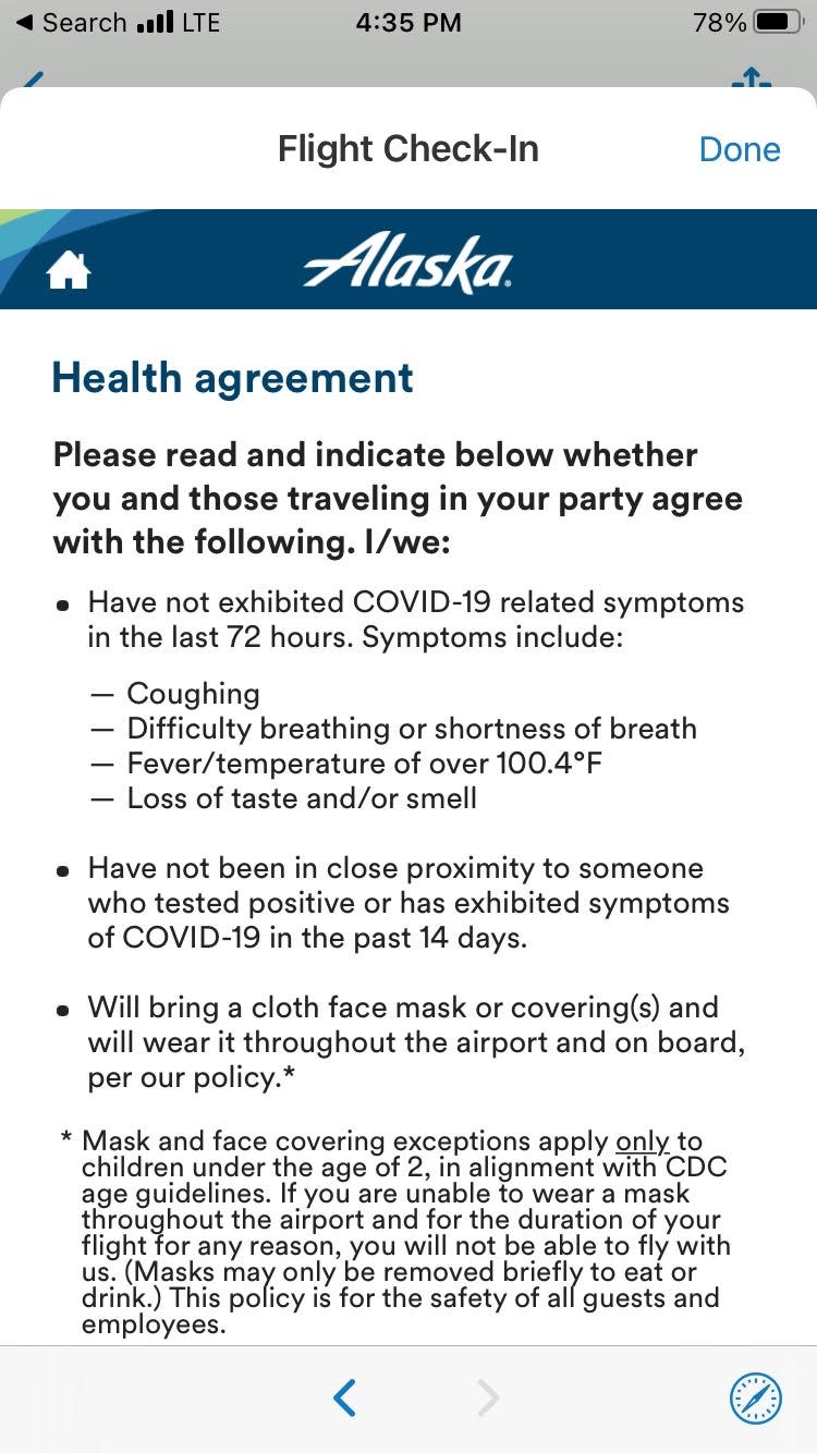 Alaska Airlines' online health agreement.