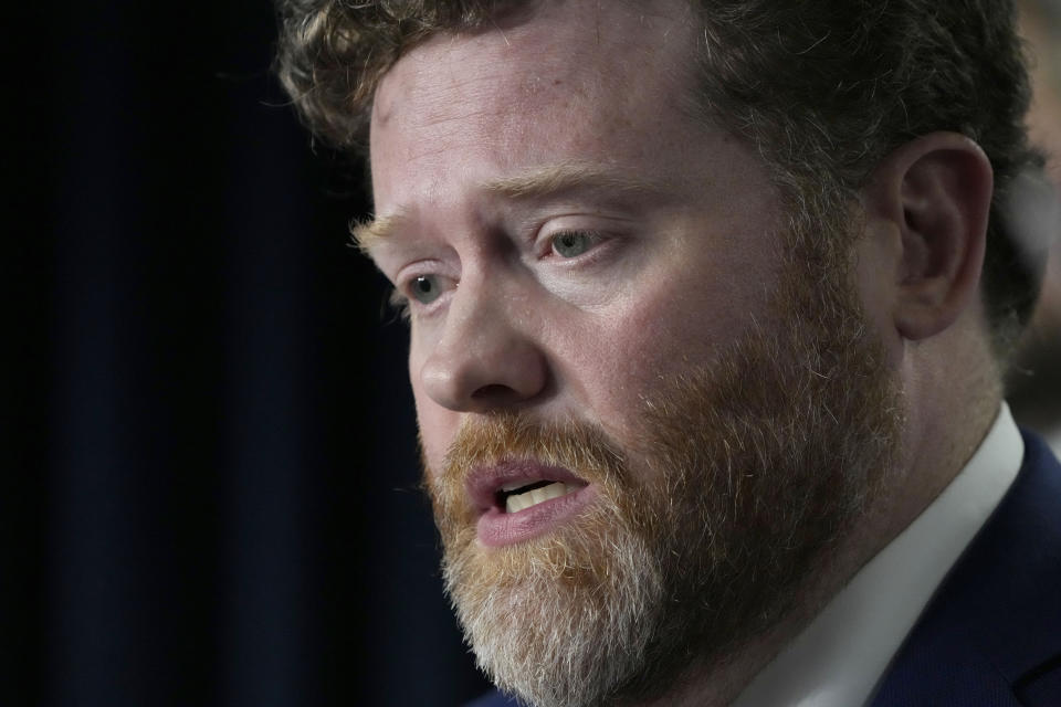 Drew Snyder, executive director of the Mississippi Division of Medicaid, responds to Mississippi Gov. Tate Reeves' announcement of a proposal that he says should alleviate financial problems for hospitals, during a news conference Thursday, Sept. 21, 2023, in Jackson, Miss. (AP Photo/Rogelio V. Solis)