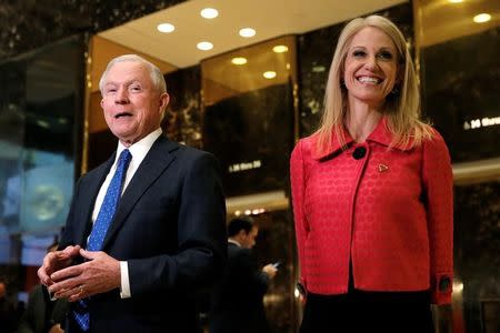 United States Senator Jeff Sessions (R-AL), an advisor to U.S. President Elect Donald Trump, speaks to members of the media alongside Trump's senior advisor Kellyanne Conway in the lobby of Trump Tower in the Manhattan borough of New York City, November 17, 2016. REUTERS/Mike Segar