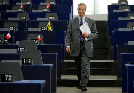 Nigel Farage, leader of the United Kingdom Independence Party (UKIP) and Member of the European Parliament arrives in the plenary room to attend a debate at the European Parliament in Strasbourg, France, June 8, 2016. REUTERS/Vincent Kessler