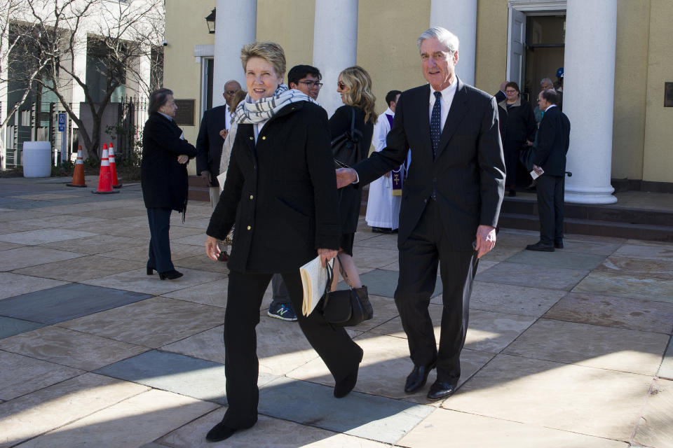 Special Counsel Robert Mueller, and his wife Ann, departs St. John's Episcopal Church, across from the White House, after attending a service, Sunday, March 24, 2019 in Washington. Mueller closed his long and contentious Russia investigation with no new charges, ending the probe that has cast a dark shadow over Donald Trump's presidency. (AP Photo/Cliff Owen)