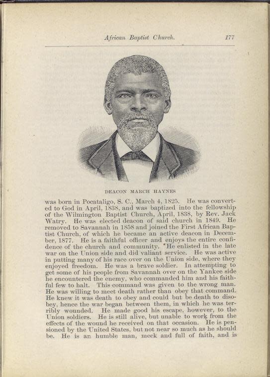 Deacon March Haynes is pictured and praised in the 1888 book “The History of the First African Baptist Church.”