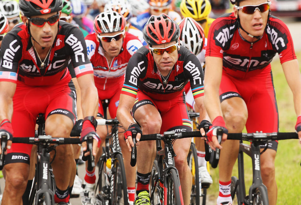 BOULOGNE-SUR-MER, FRANCE - JULY 03: - JULY 03: Cadel Evans of Australia and the BMC Racing team rides in the peloton during stage three of the 2012 Tour de France from Orchies to Boulogne-sur-Mer on July 3, 2012 in Boulogne-sur-Mer, France. (Photo by Bryn Lennon/Getty Images)