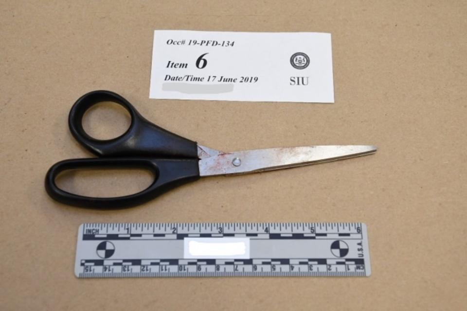 The scissors wielded by Derek Teskey, 48, of Tecumseh, when he was fatally shot by an OPP officer on June 14, 2019.