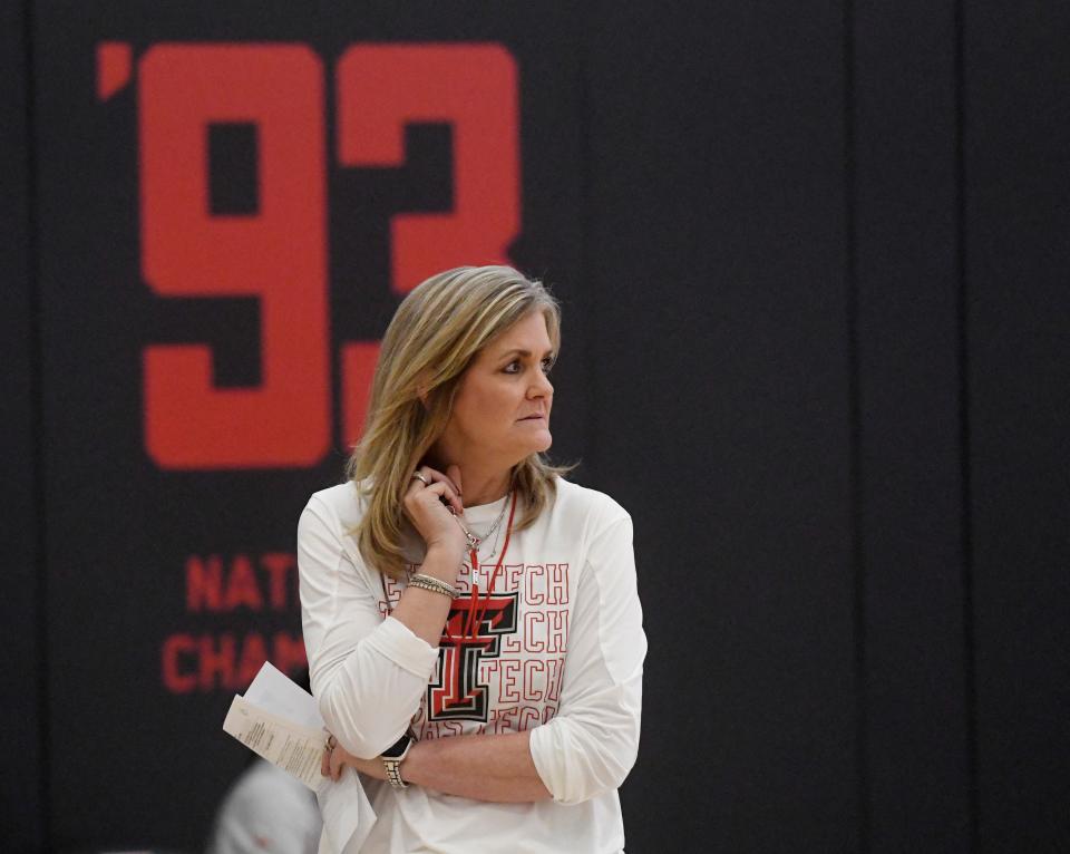 Texas Tech's head women's basketball coach Krista Gerlich walks along the sidelines during practice, Wednesday, Nov. 1, 2023, at the Womble Basketball Center.
