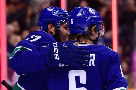 Dec 15, 2018; Vancouver, British Columbia, CAN; Vancouver Canucks forward Brock Boeser (6) celebrates a goal by forward Josh Leivo (17) against the Philadelphia Flyers during the first period at Rogers Arena. Mandatory Credit: Anne-Marie Sorvin-USA TODAY Sports