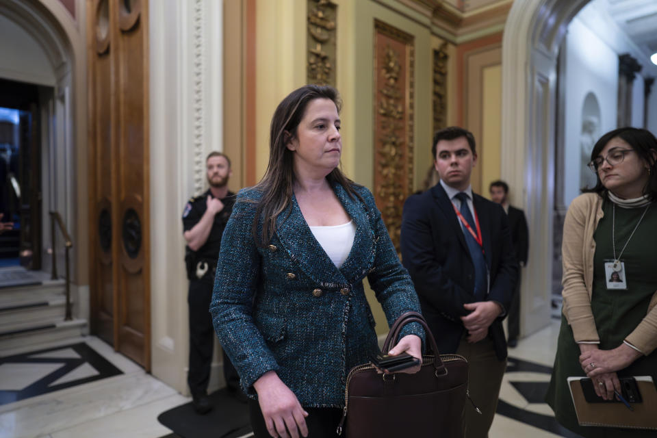 House Republican Conference Chair Elise Stefanik,, R-N.Y., leaves the chamber after the Republican majority failed to impeach Homeland Security Secretary Alejandro Mayorkas for problems on the U.S.- Mexico border, at the Capitol in Washington, Tuesday, Feb. 6, 2024. (AP Photo/J. Scott Applewhite)