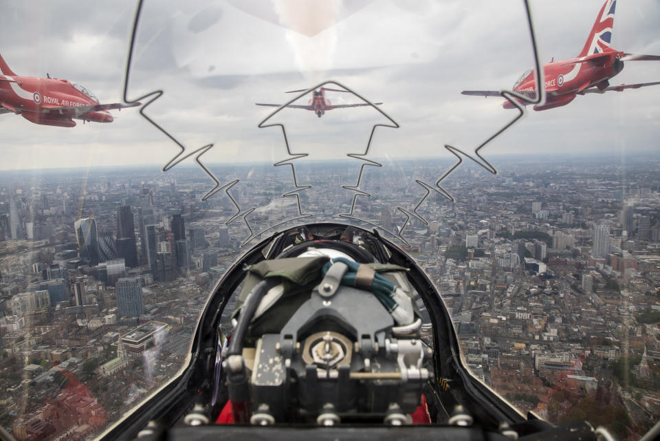 Image of a Red Arrows flypast over London, taken from Red 10s aircraft, piloted by Sqn Ldr Adam Collins with Cpl Ashley Keates, team photographer in the rear (Picture: UK MOD/Crown 2019)