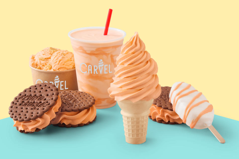 Carvel's Orange Dreamy Creamy ice cream, milkshake, Flying Saucer sandwich, and ice cream pop. <p>Carvel</p>