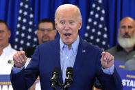 FILE - President Joe Biden speaks at the United Steelworkers Headquarters in Pittsburgh, April 17, 2024. Biden and former President Donald Trump will go before voters April 23, 2024, in Pennsylvania's presidential primaries, a prelude to the November general election when the commonwealth is expected to once again to play a critical role in the race for the White House.(AP Photo/Gene J. Puskar)