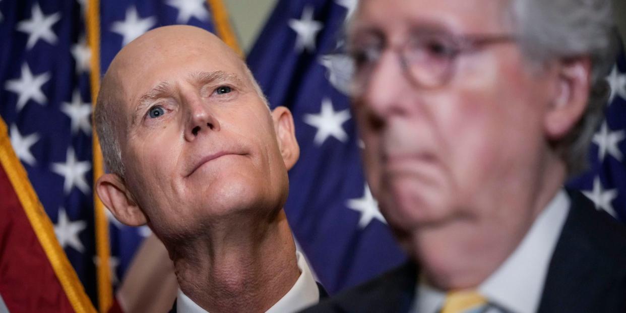 Republican Sen. Rick Scott of Florida and Senate Minority Leader Mitch McConnell of Kentucky at a press conference on Capitol Hill on May 17, 2022.
