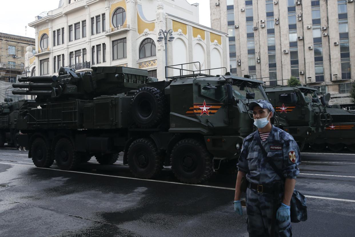 Pantsir air defence system moves along Tverskaya Street before a rehearsal of a military parade in Red Square marking the 75th anniversary of the Victory in WWII on June 18, 2020 in Moscow, Russia.