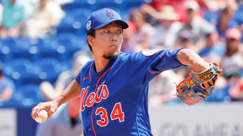 Mar 22, 2023; Port St. Lucie, Florida, USA; New York Mets starting pitcher Kodai Senga (34) throws a pitch during the first inning against the Houston Astros at Clover Park. Mandatory Credit: Reinhold Matay-USA TODAY Sports