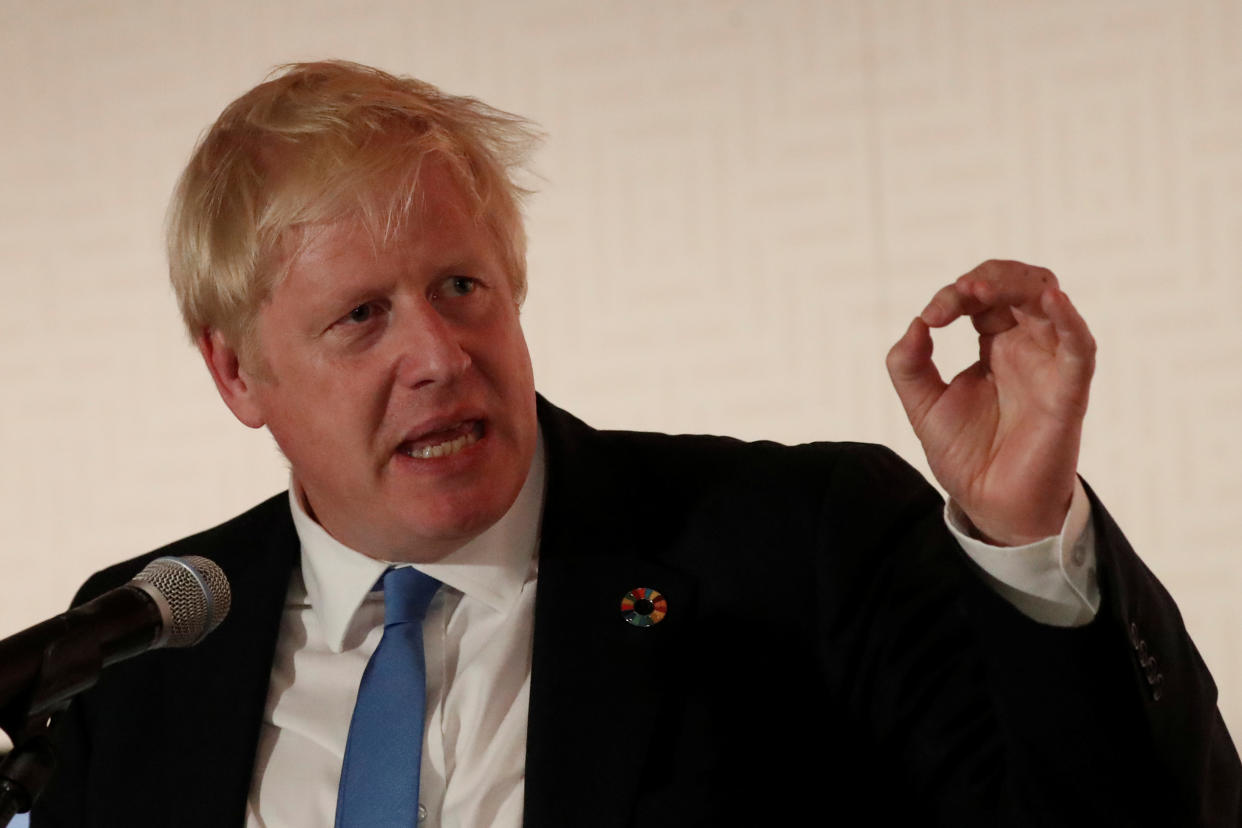 Britain's Prime Minister Boris Johnson speaks during an Emergency Declaration for Nature and People event after the 2019 United Nations Climate Action Summit at the U.N. headquarters in New York City, New York, U.S., September 23, 2019. REUTERS/Shannon Stapleton