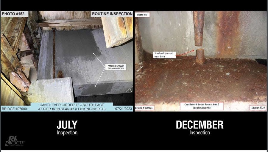 A side-by-side image showing a sheared anchor rod in the Washington Bridge. RIDOT officials say the photo from an inspection in July shows the rod is intact, and the photo from the December inspection shows it has been sheared. Officials claim something "catastrophic" happened to the rod, one of many to have failed, between July and December, prompting the emergency closing of the bridge.