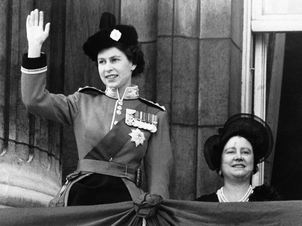 Queen Elizabeth wearing the Scots Guards uniform to Trooping the Colour in 1952