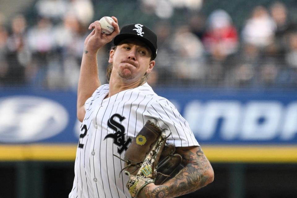 White Sox pitcher Mike Clevinger delivers a first-inning pitch against the Guardians, May 11, 2024, in Chicago.