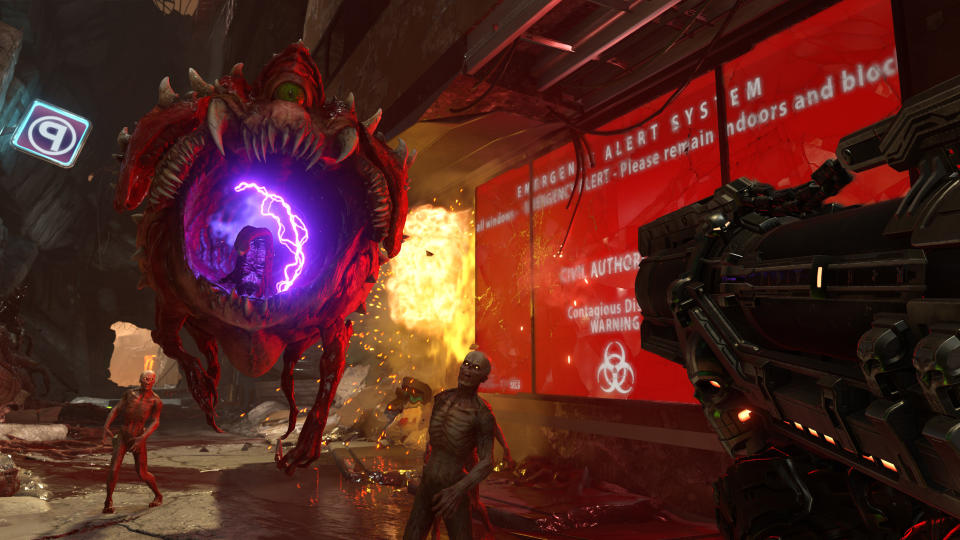 Being attacked by a Cacodemon in Doom Eternal.