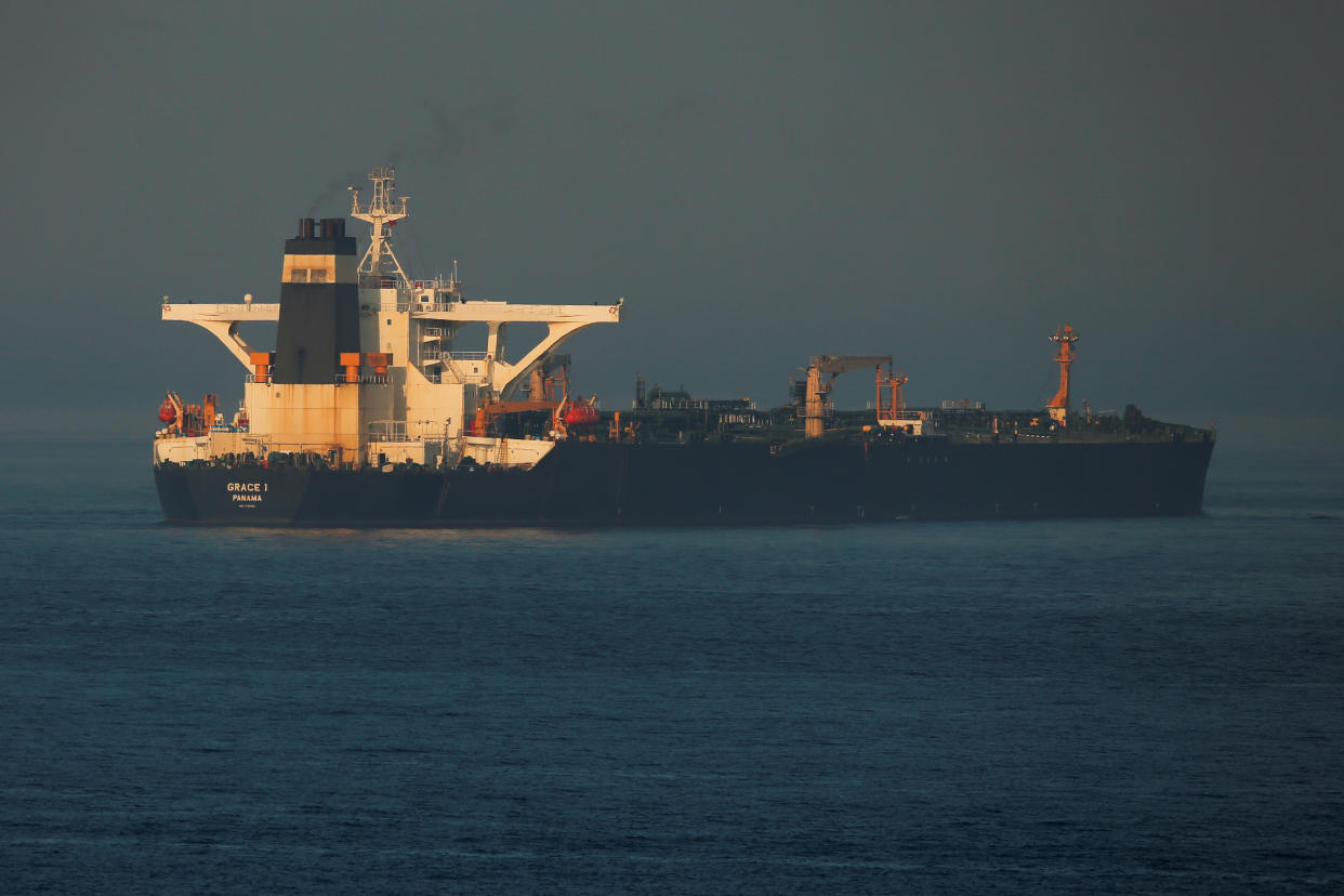 Iranian oil tanker Grace 1 sits anchored after it was seized in July by British Royal Marines off the coast of the British Mediterranean territory on suspicion of violating sanctions against Syria, in the Strait of Gibraltar, southern Spain August 13, 2019. REUTERS/Jon Nazca