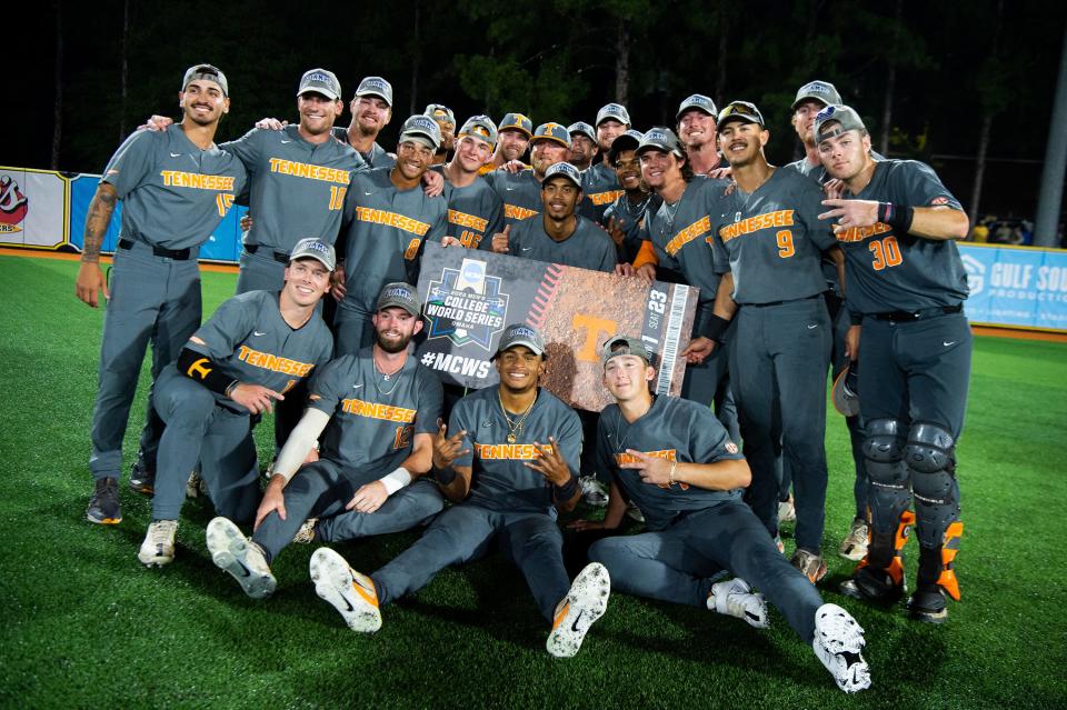 Tennessee players celebrate after defeating Southern Miss to win the Hattiesburg Super Regional and move on to Omaha for the Men's College World Series at Pete Taylor Park in Hattiesburg, Miss., on Monday, June 12, 2023. 