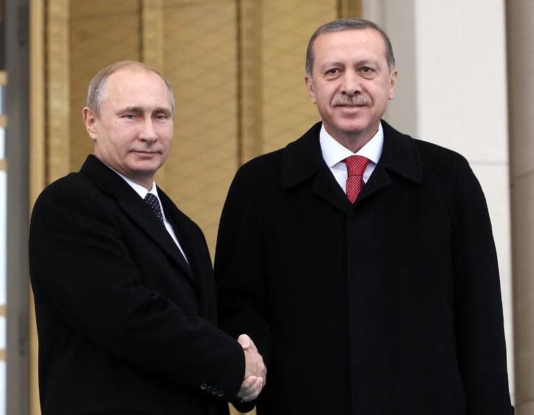Russian President Vladimir Putin (left) shakes hands with his Turkish counterpart Recep Tayyip Erdogan in Ankara, on December 1, 2014