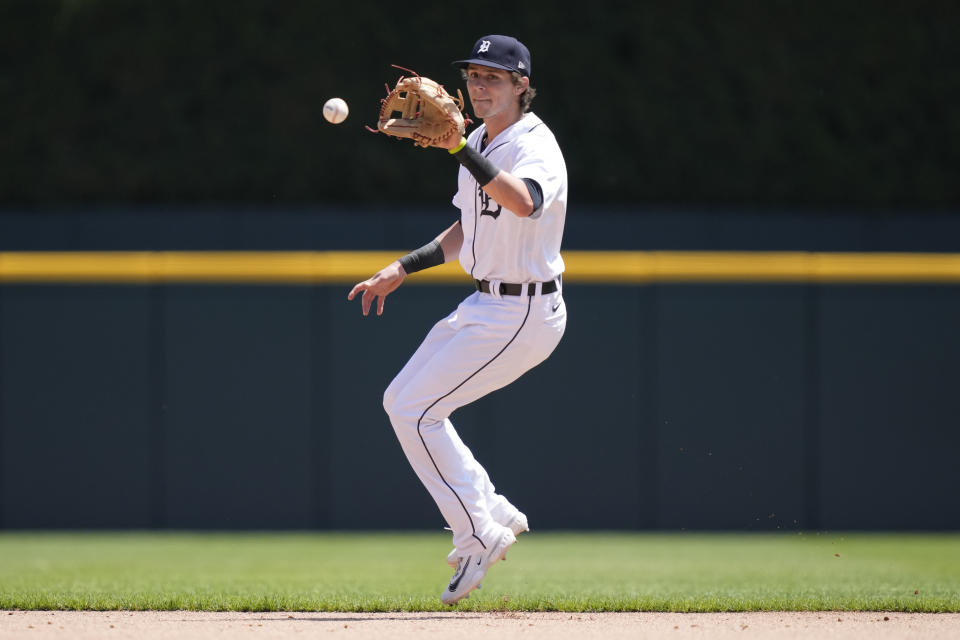 Detroit Tigers second baseman Nick Maton fields the out hit by Texas Rangers' Josh Smith during the sixth inning of a baseball game, Wednesday, May 31, 2023, in Detroit. (AP Photo/Carlos Osorio)