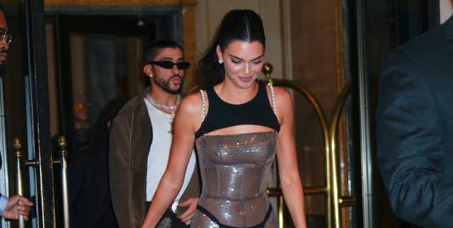 Kendall Jenner Wears Sheer Corset Top, Black Bra at Dinner