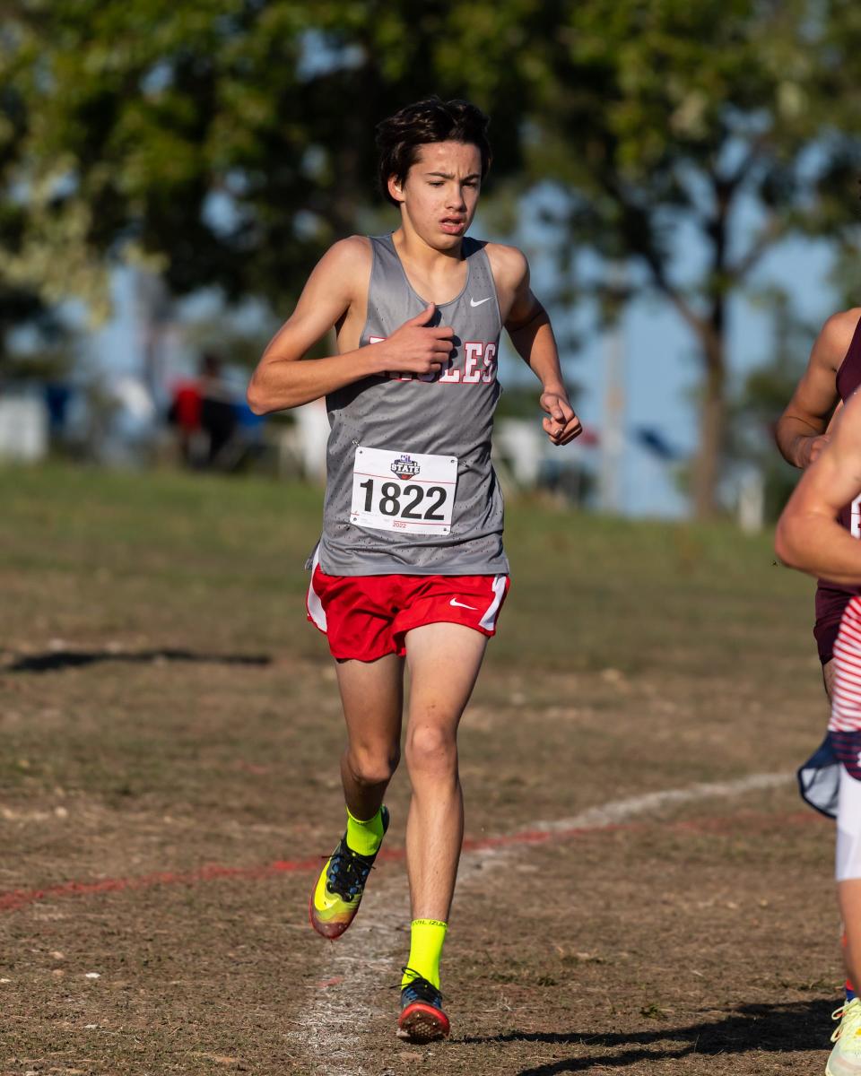 Ryder Strohman of Holliday in the boys 3A 5K race. The Texas UIL State Cross Country Championships were held at Old Settlers Park in Round Rock on November 4-5, 2022.