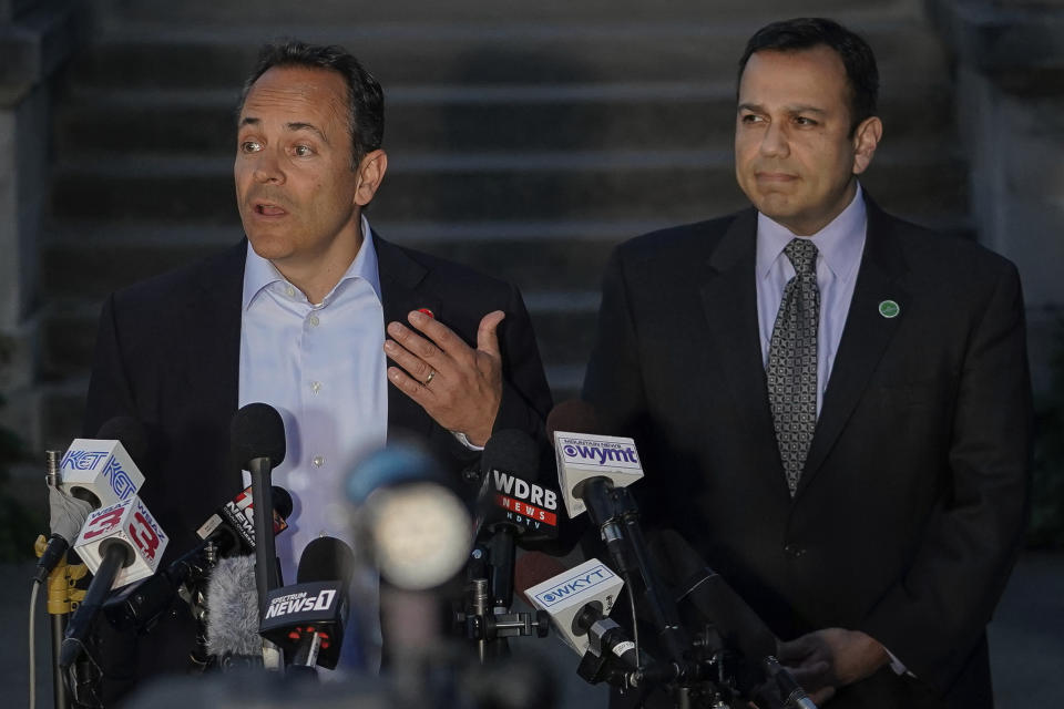 Kentucky Gov. Matt Bevin, left, and Kentucky Sen. Ralph Alvarado, the Republican nominee for lieutenant governor, speak to the media after winning the Republican gubernatorial primary, in Frankfort, Ky., Tuesday, May 21, 2019. (AP Photo/Bryan Woolston)