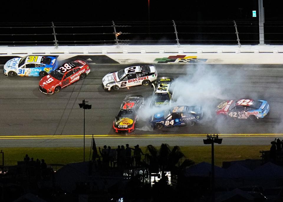 A look at the action during last year's running of the Daytona 500 at Daytona International Speedway. What's the weather outlook for this year's big race on Feb. 18 in Daytona Beach?