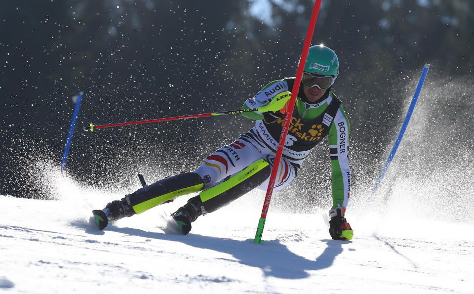 Felix Neureuther of Germany competes during the first run of an alpine ski, men's World Cup slalom in Kranjska Gora, Slovenia, Sunday, March 9, 2014. (AP Photo/Giovanni Auletta)